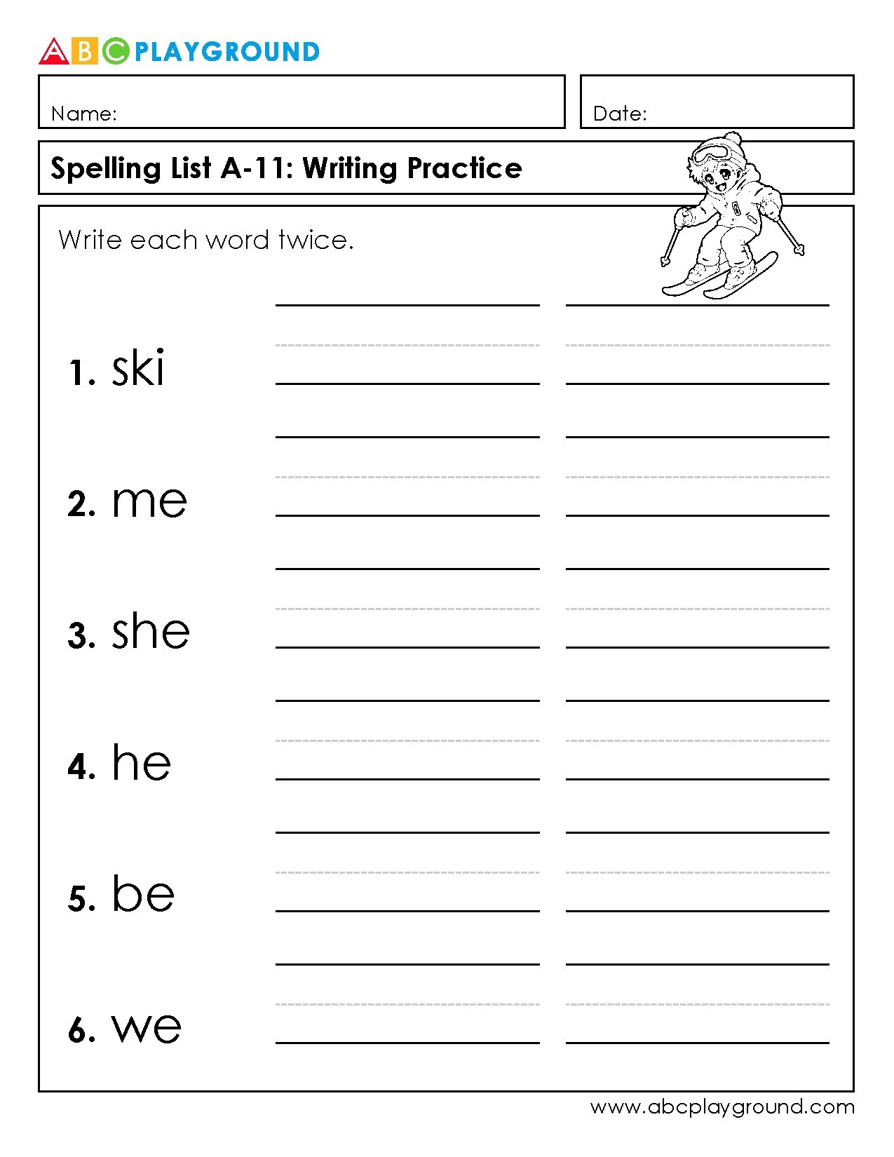 Spelling List Writing Practice Worksheet