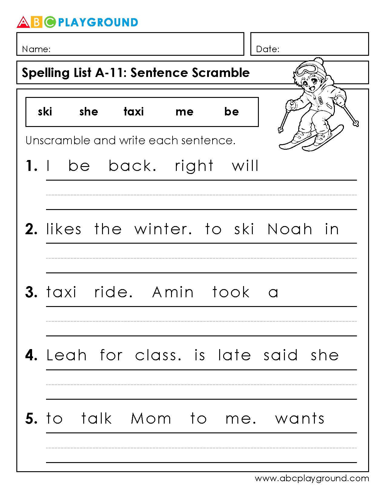 Sentence Scramble Worksheet for Early Spelling Practice