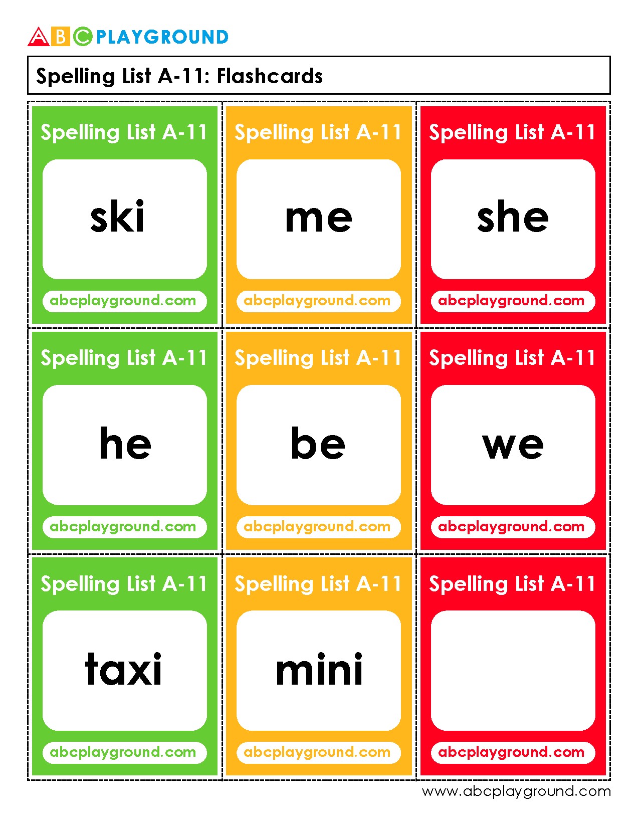 Spelling List A-11 Flashcards for Early Learners