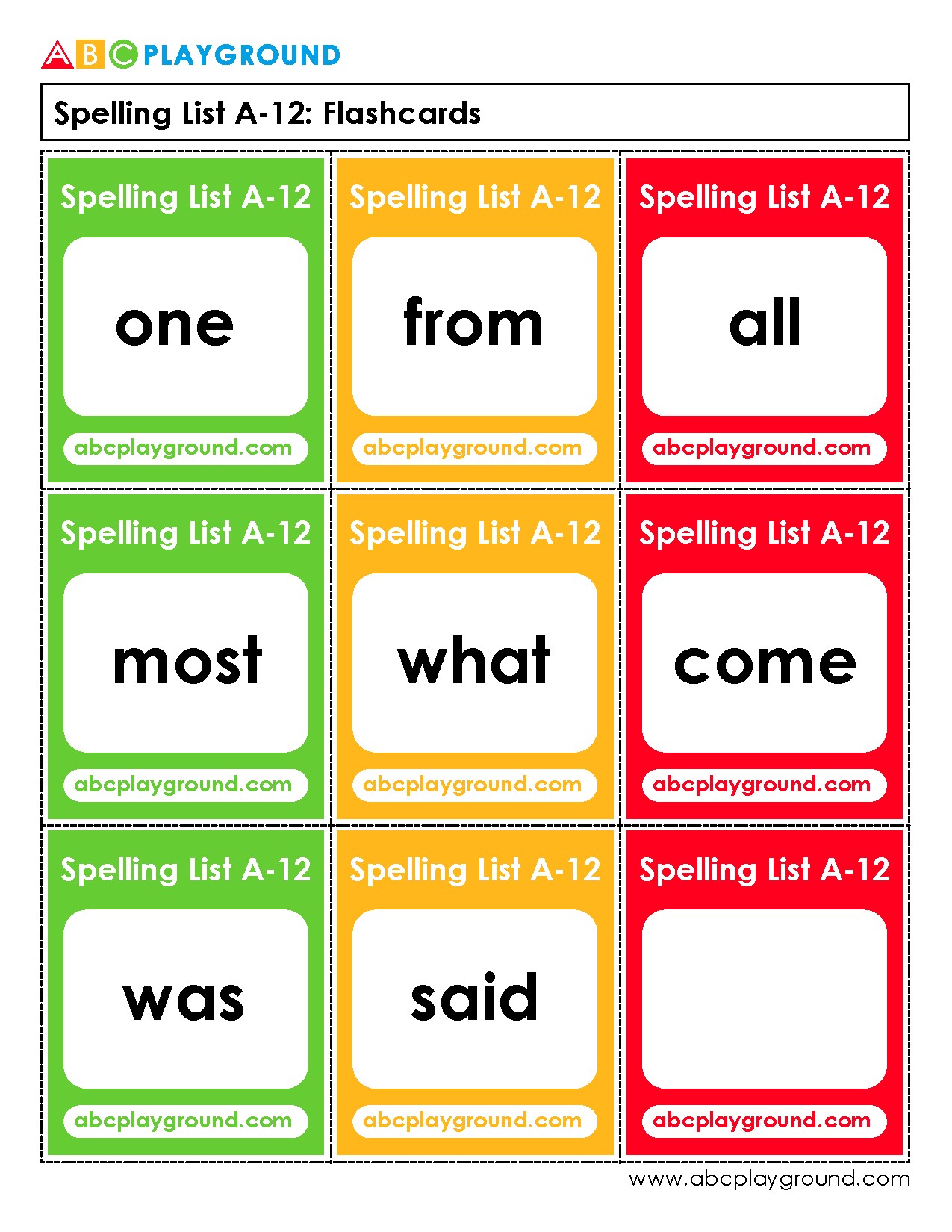 Spelling List A-12 Flashcards for Sight Word Practice