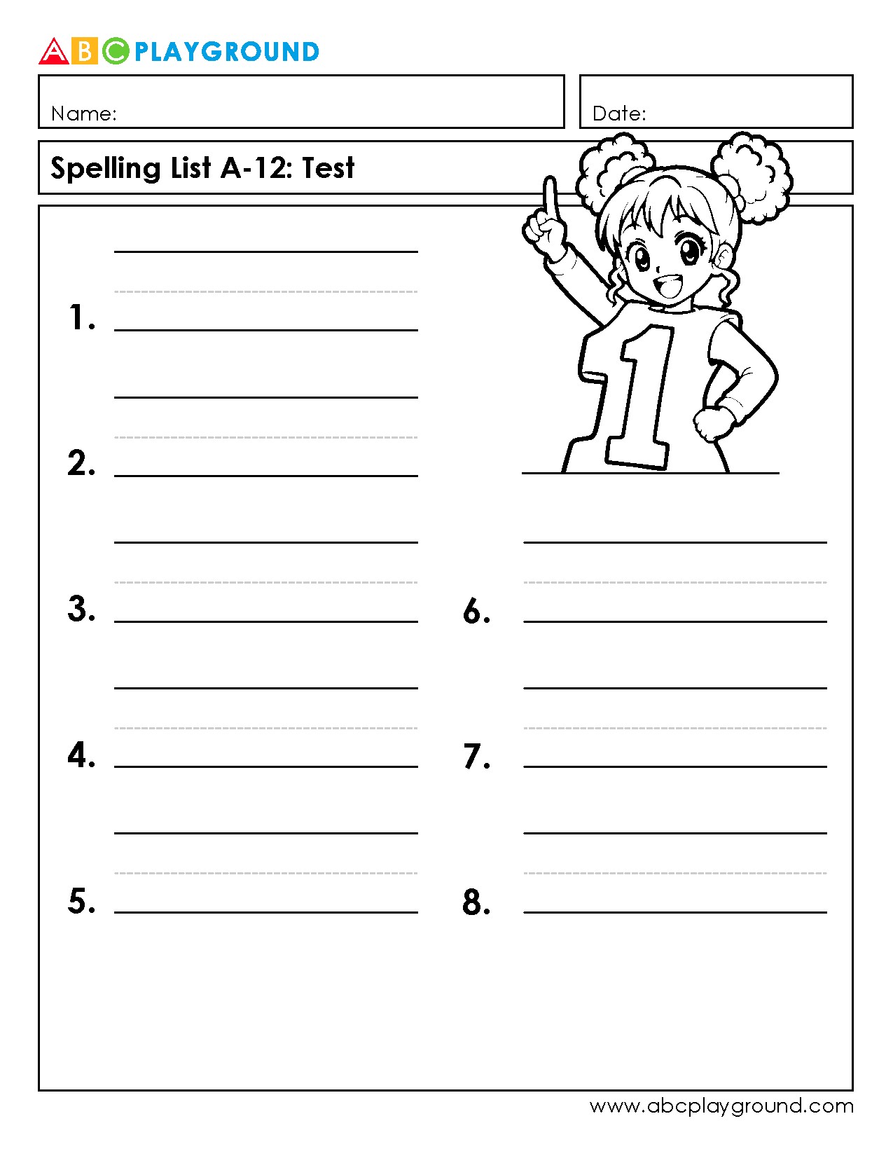 Printable Spelling Test Worksheet with 8 Words
