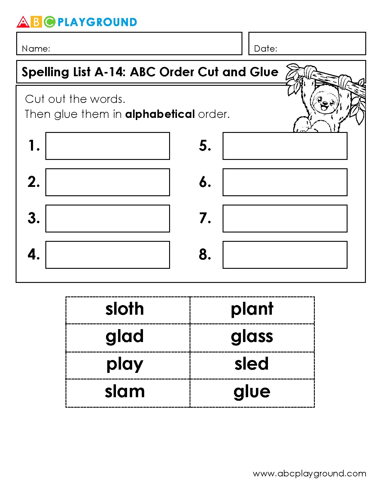 Alphabetical Order Cut and Glue Spelling Activity