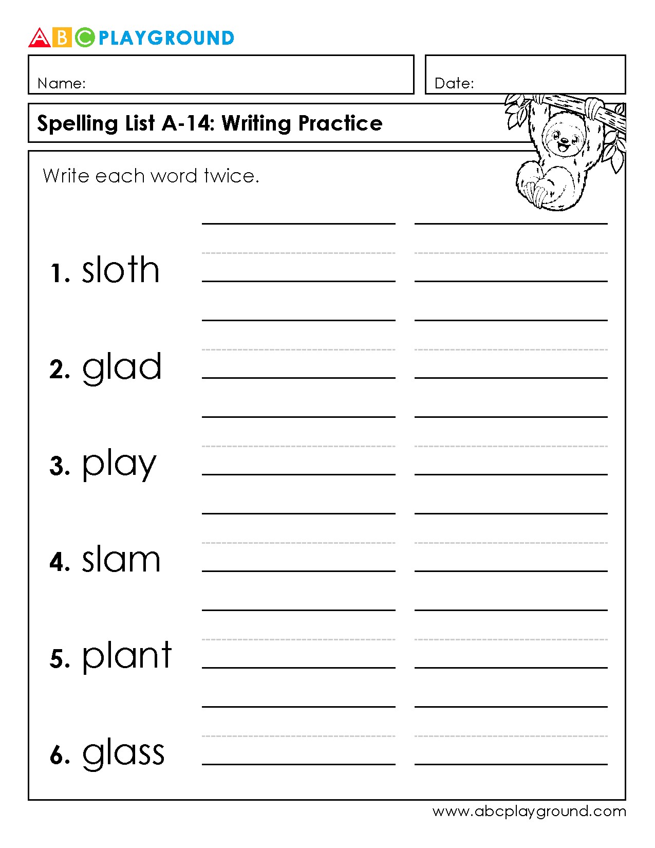 Spelling List Writing Practice Worksheet