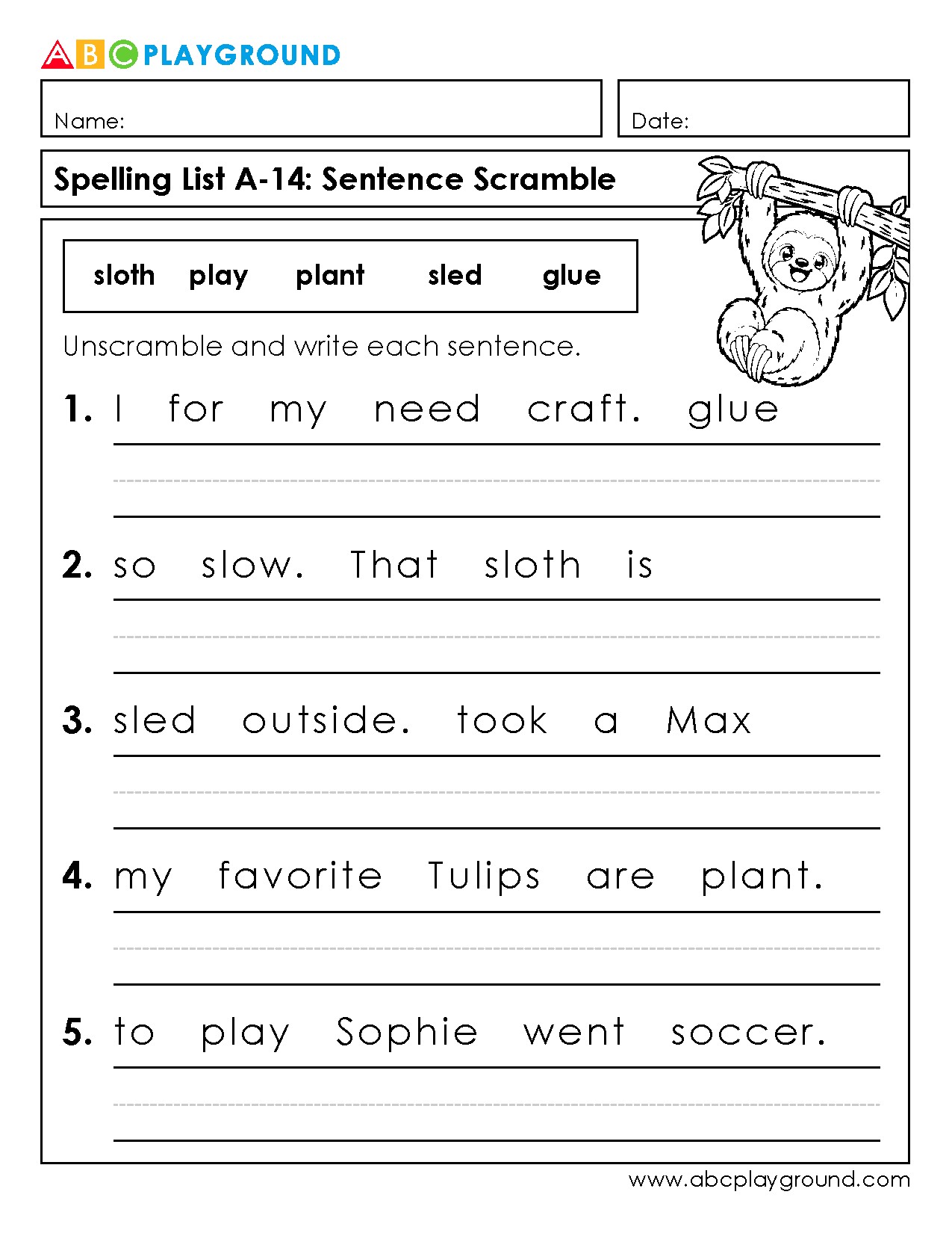 Sentence Scramble Worksheet for Spelling Practice
