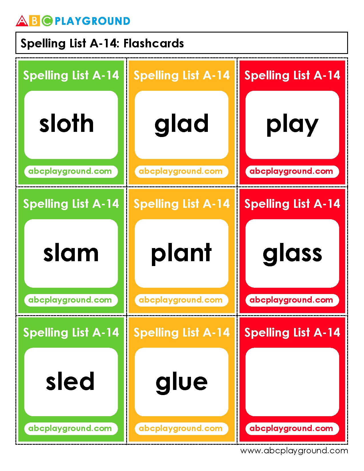 Spelling List A-14 Flashcards for Word Practice