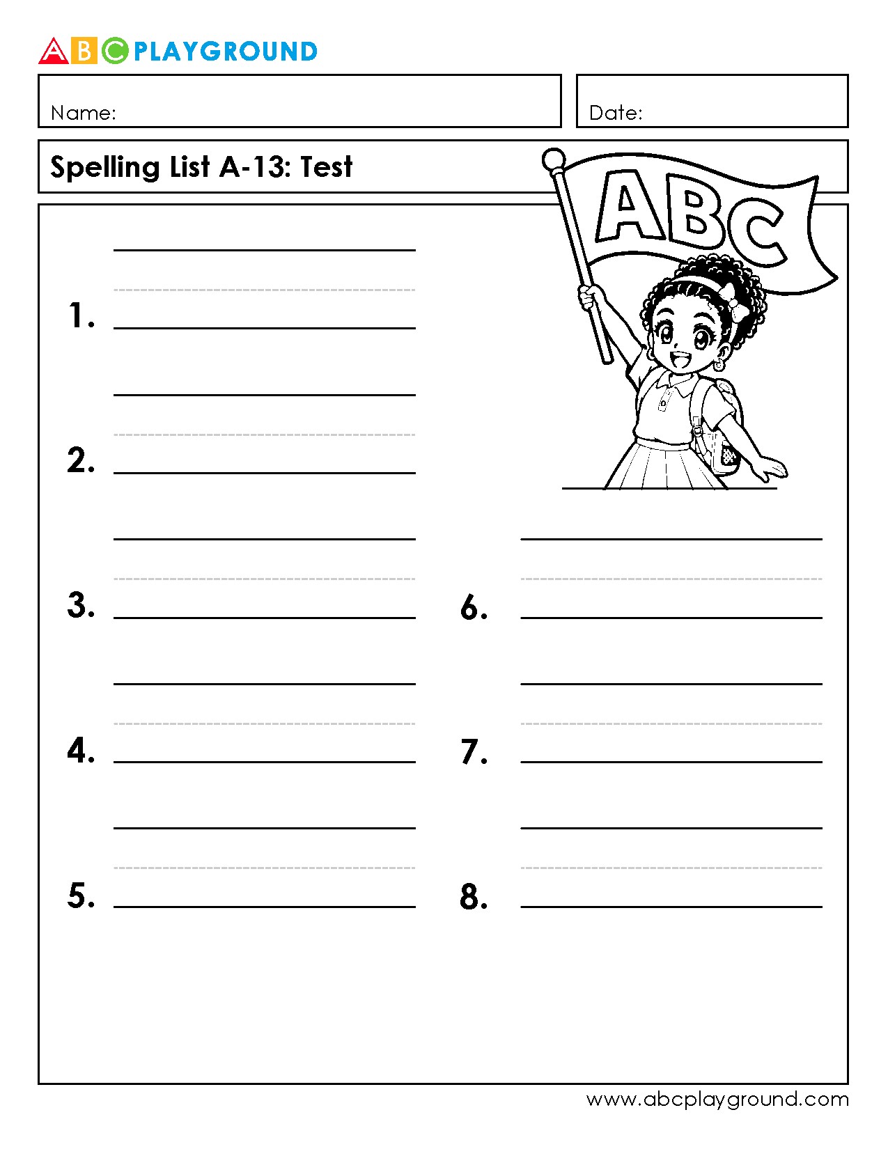Spelling List A-13 Test Worksheet for Vocabulary Practice