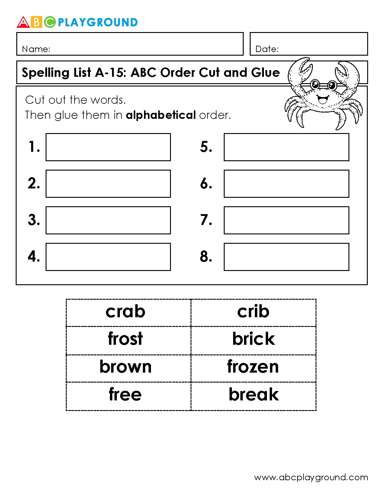 Cut and Glue Words in Alphabetical Order Worksheet