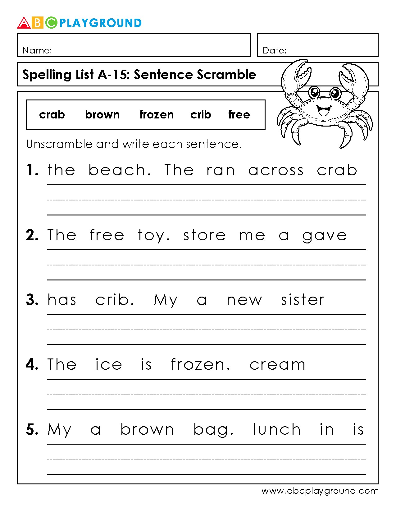 Sentence Scramble Worksheet for Spelling Practice