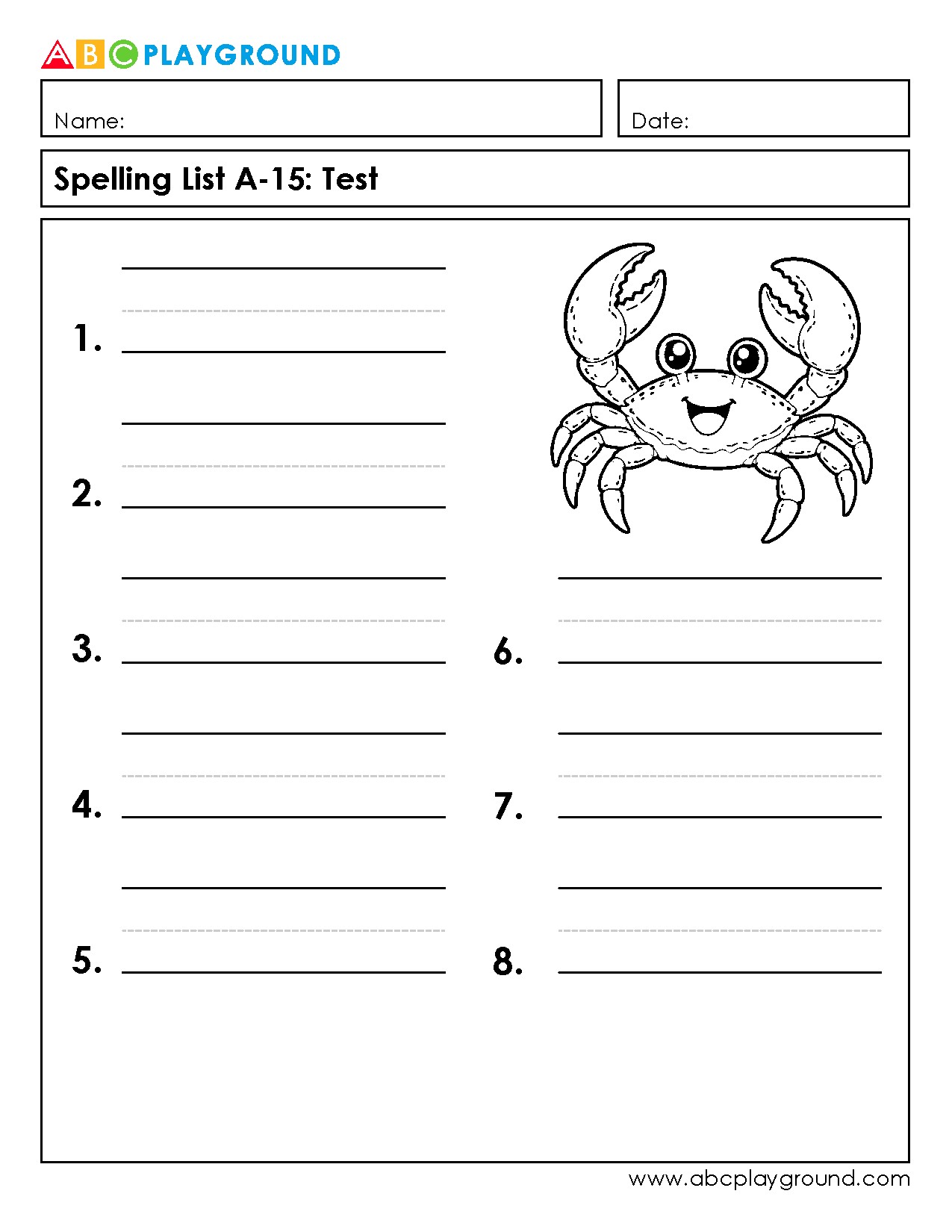 Spelling Test Worksheet with Fun Crab Illustration