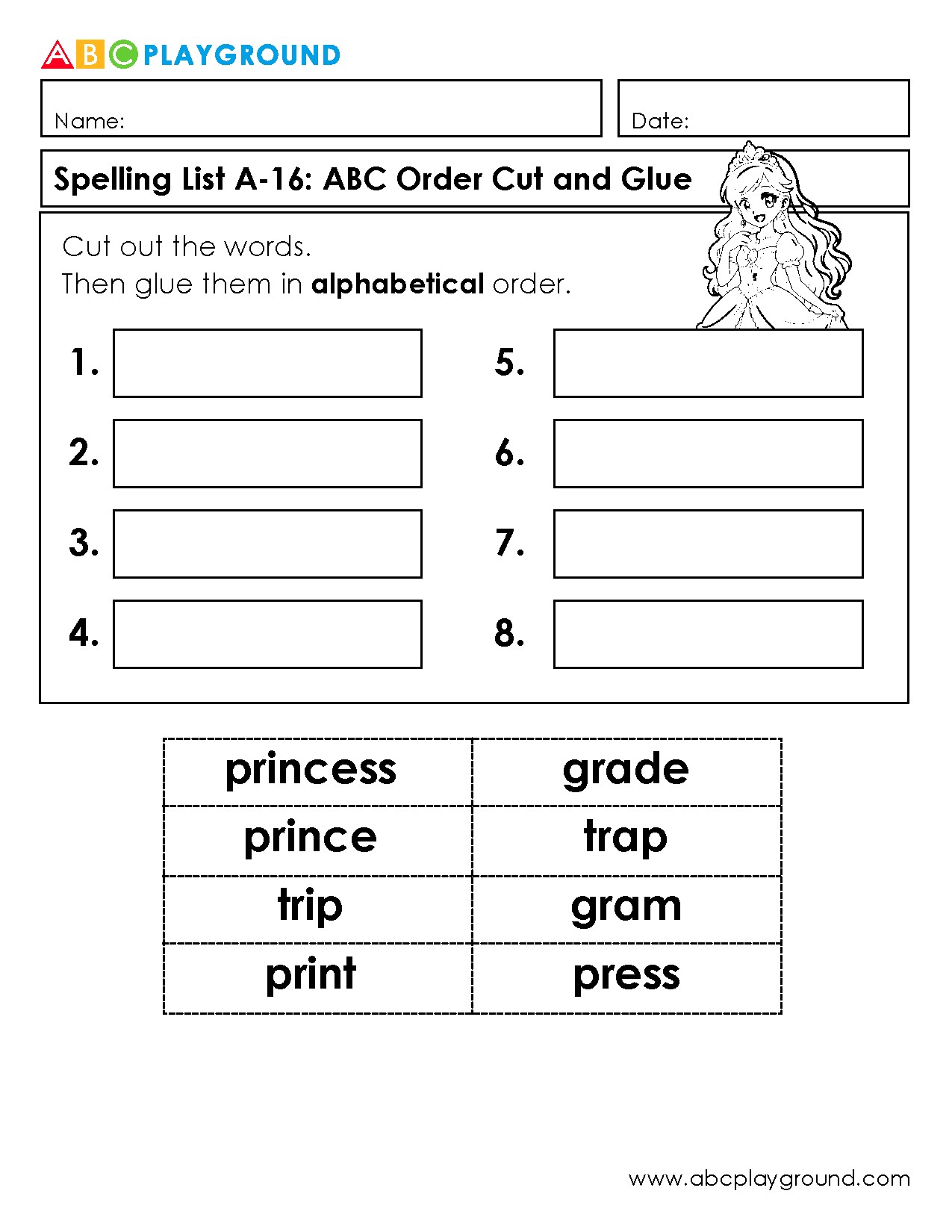 Alphabetical Order Cut and Glue Spelling Practice