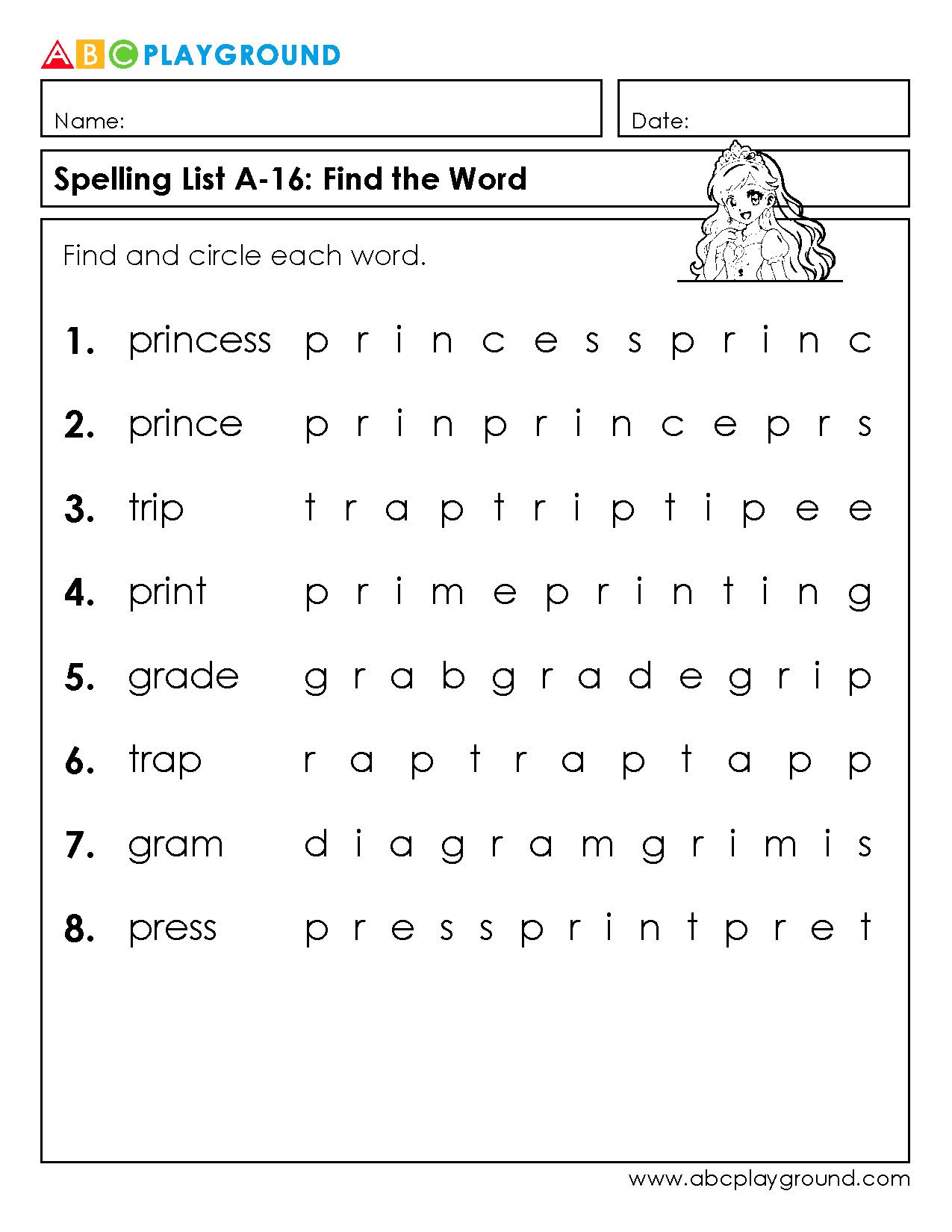 Find and Circle Spelling Words Worksheet