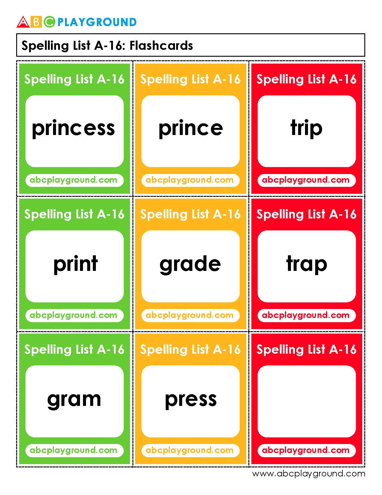 Spelling List A-16 Flashcards for Vocabulary Practice