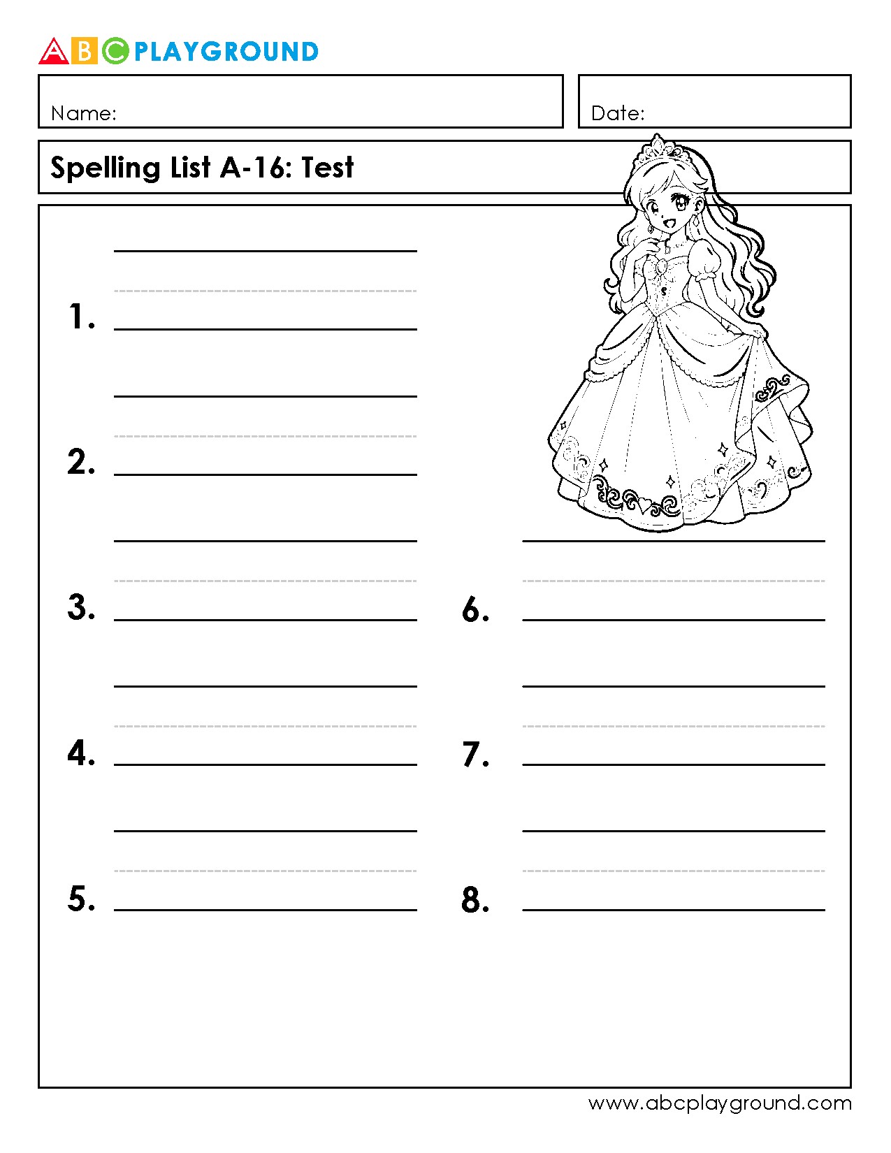 Printable Spelling Test Worksheet with Fun Princess Theme