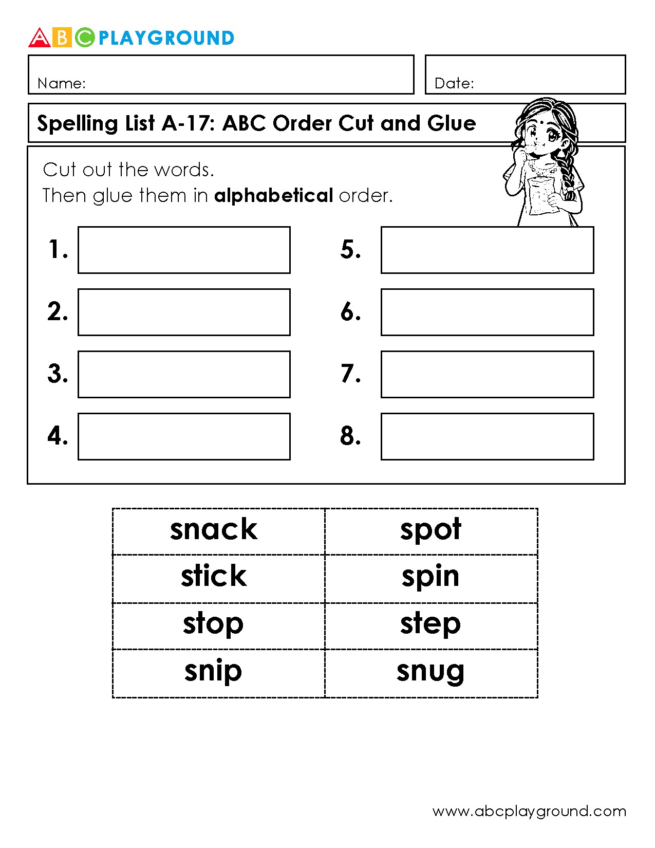 Cut and Glue Words in Alphabetical Order Worksheet