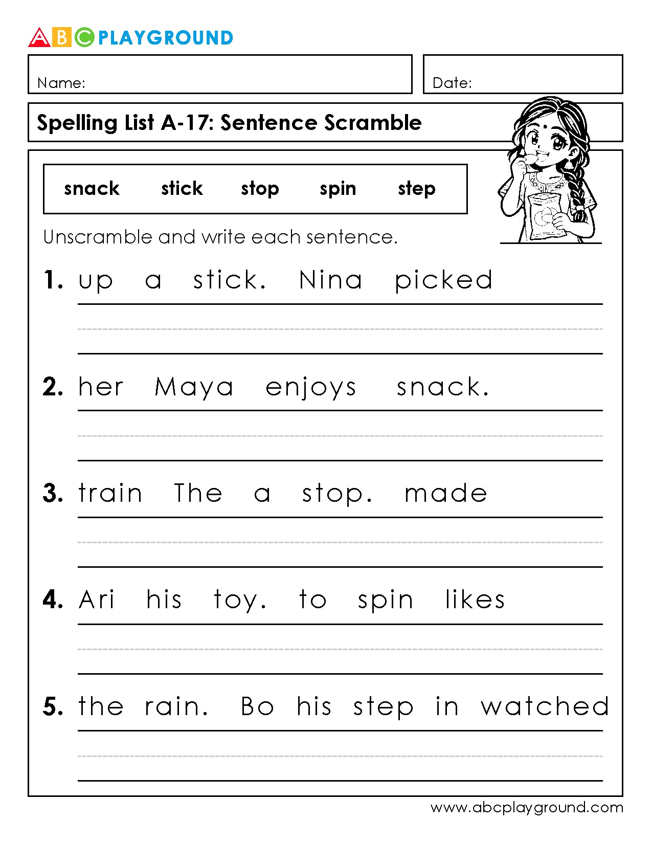 Sentence Scramble Worksheet for Spelling Practice