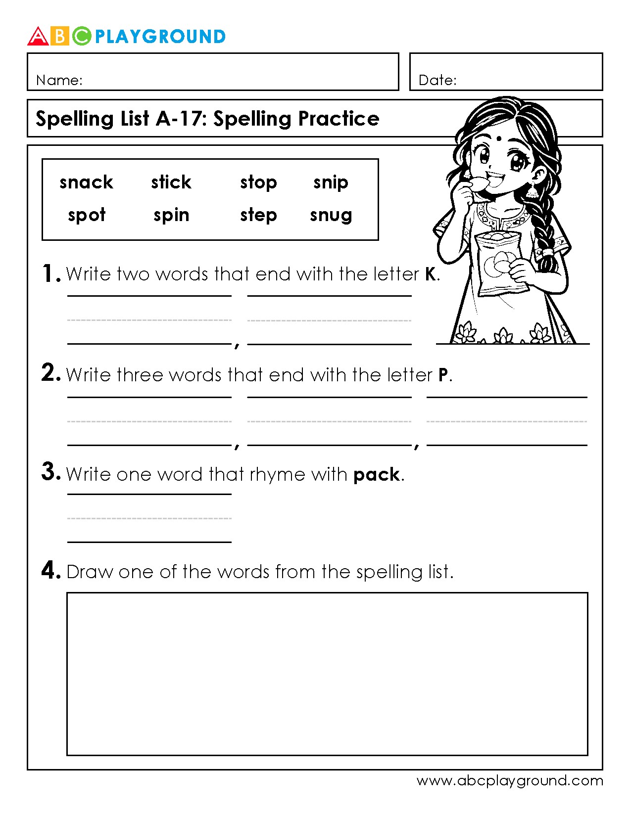 Spelling Practice Worksheet for Words Ending with K and P