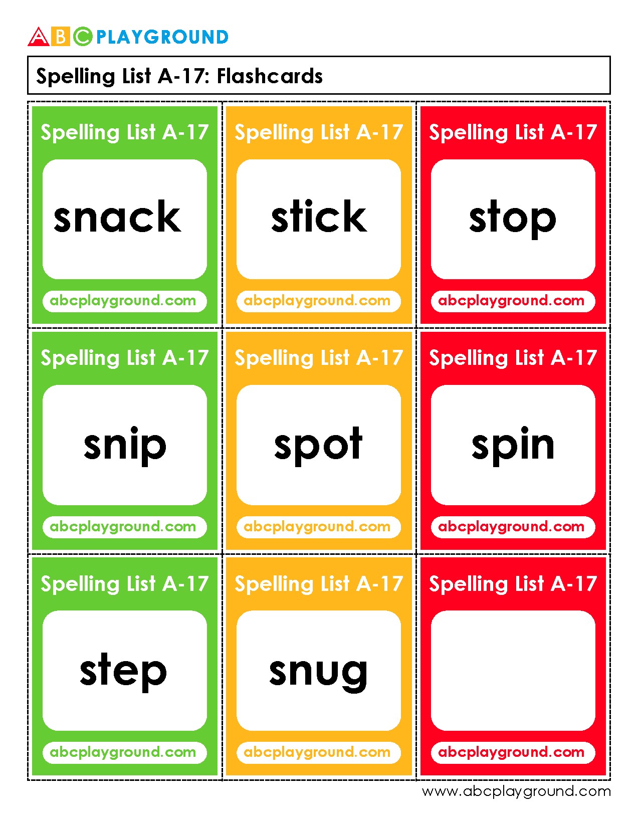 Spelling List A-17 Flashcards for Early Literacy Practice
