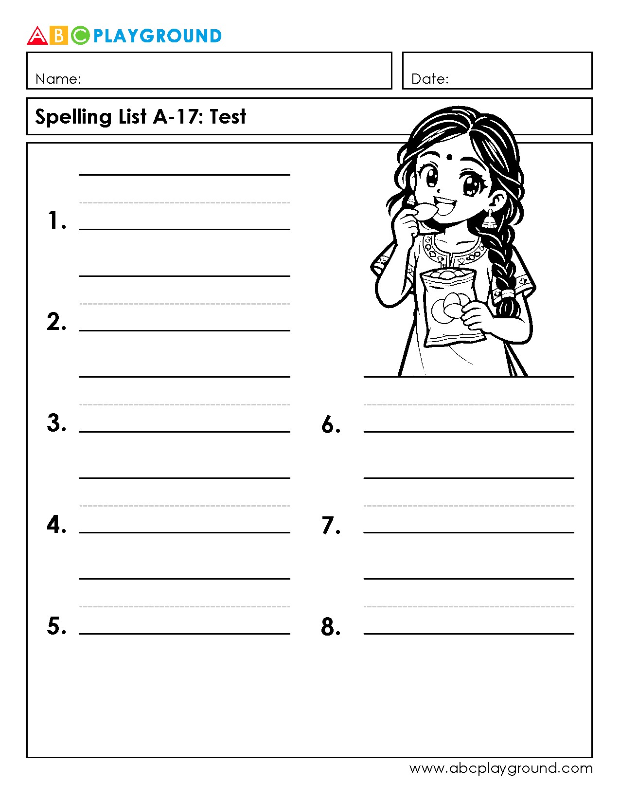 Spelling List Test Worksheet for Elementary Students