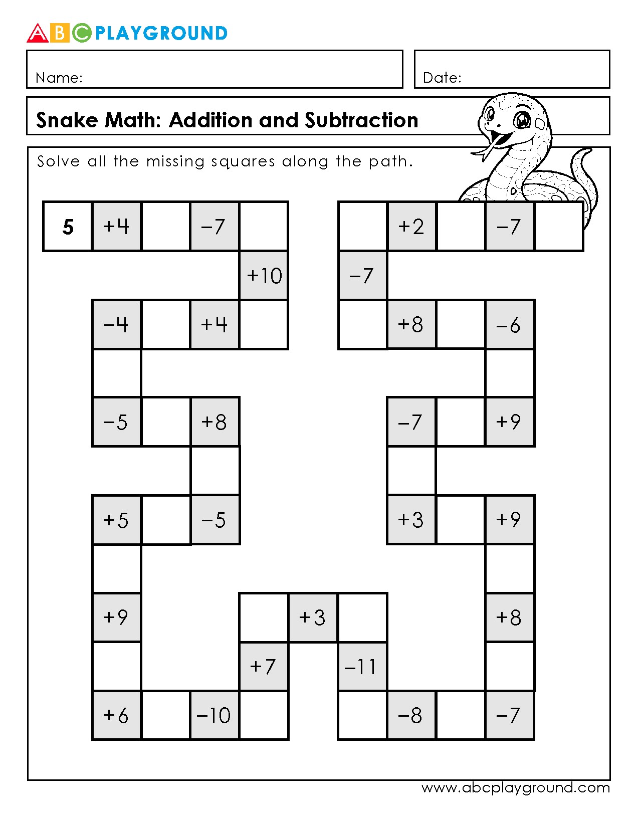 Addition and Subtraction Practice with Snake Math Puzzle