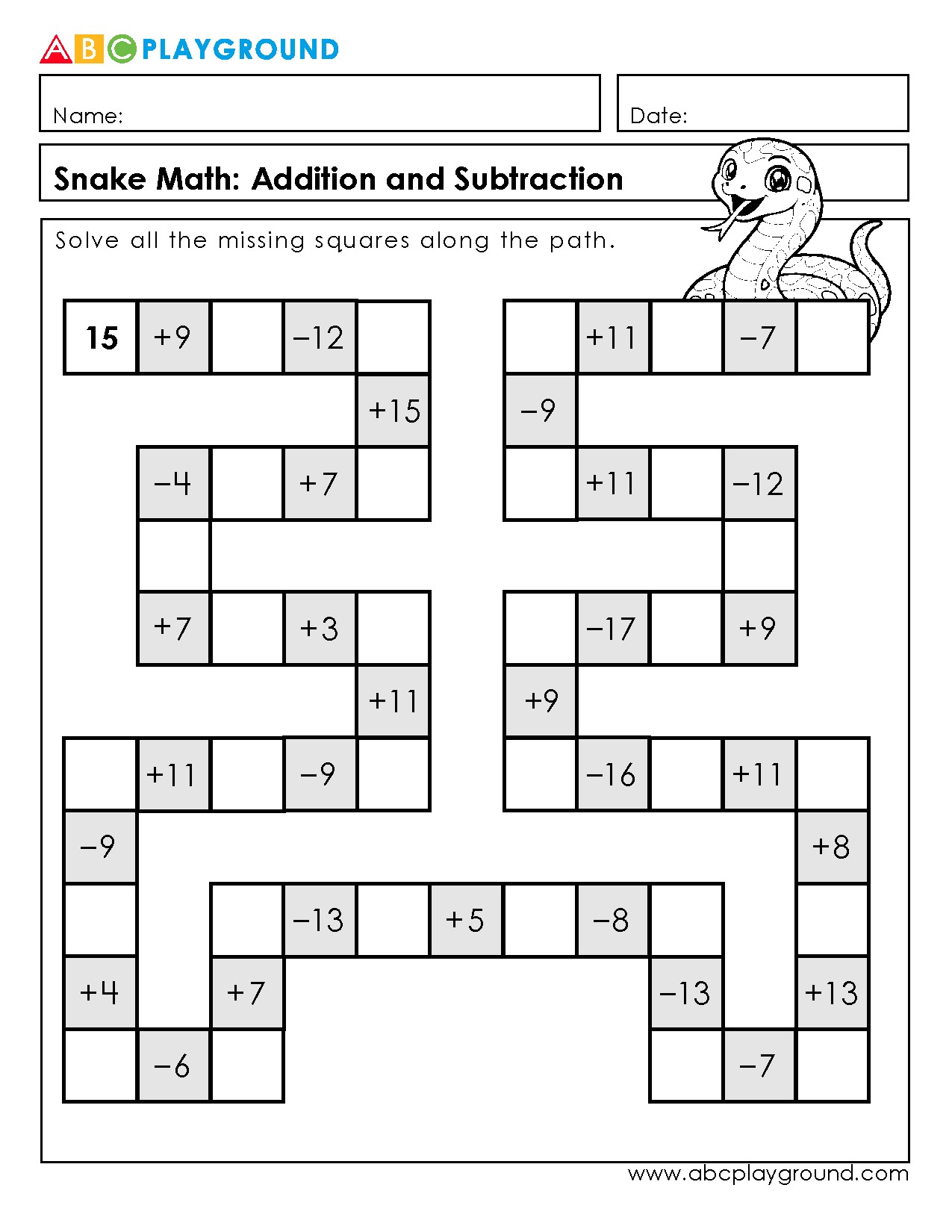 Fun Snake Path Addition and Subtraction Puzzle