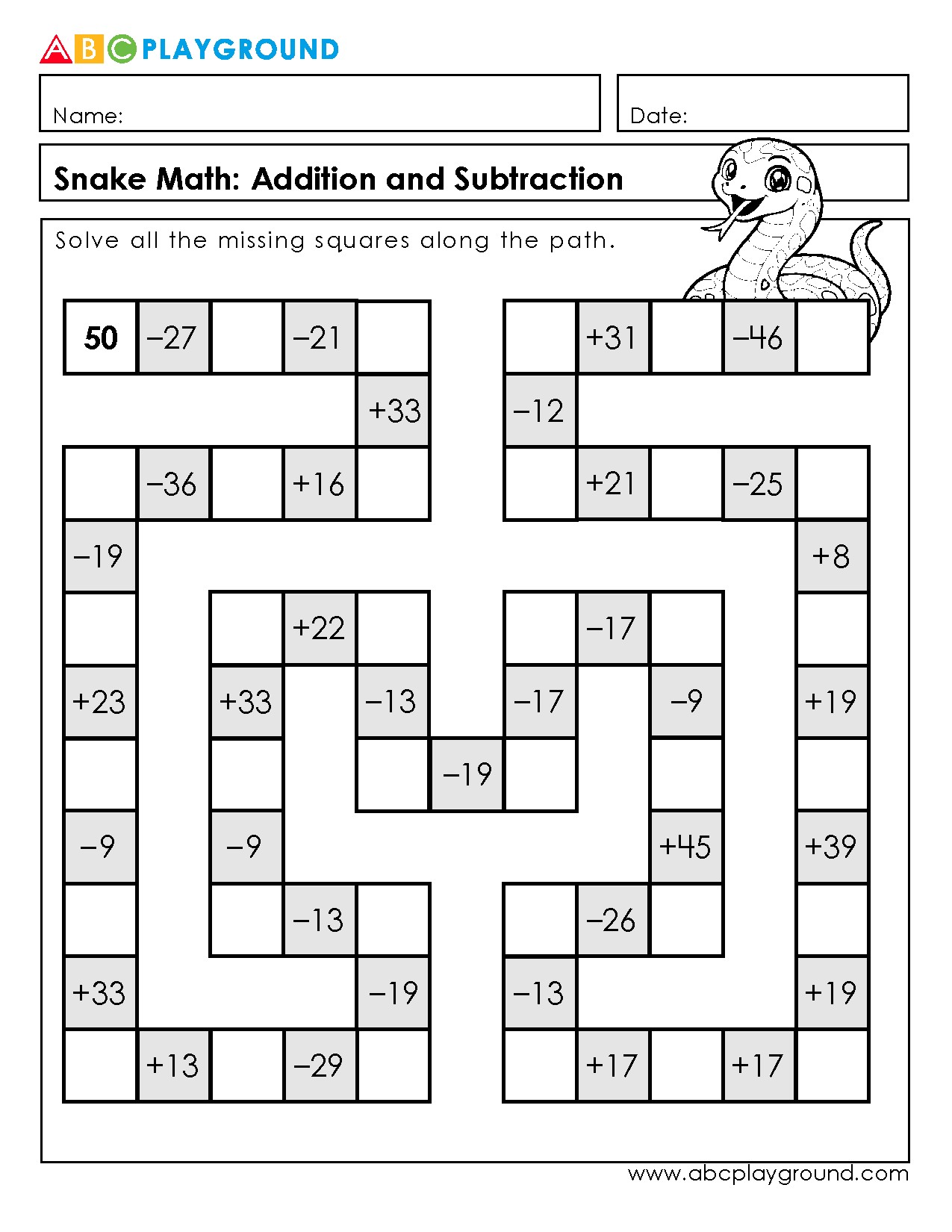 Snake Math Addition and Subtraction Puzzle