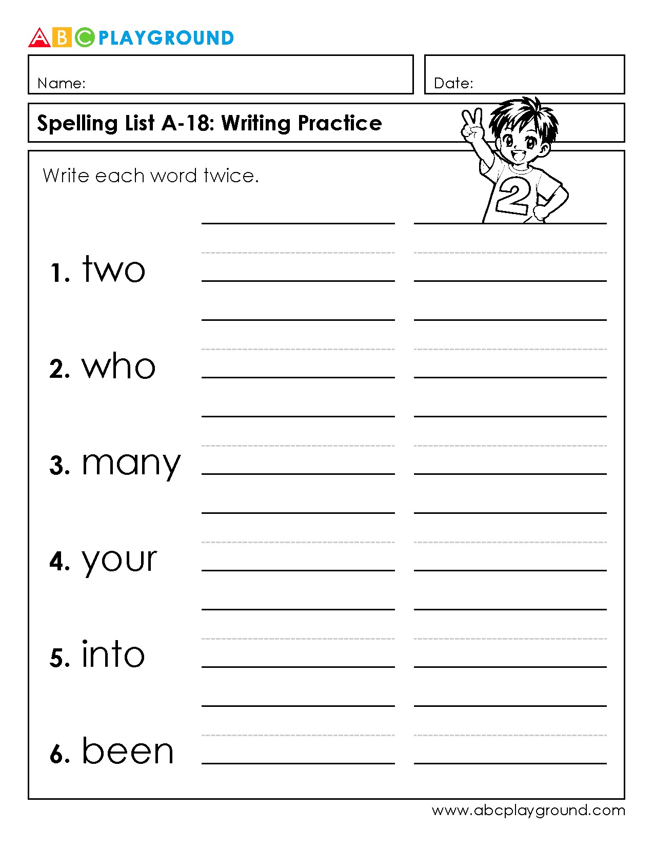 Spelling List Writing Practice Worksheet