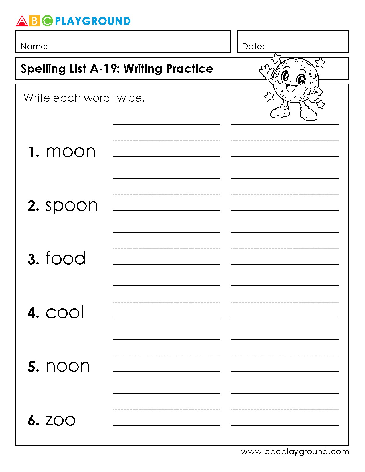 Spelling List Writing Practice for Vowel Sounds
