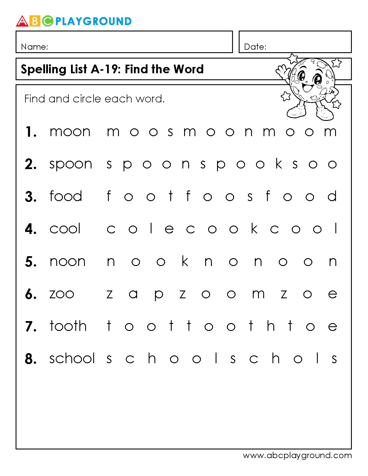 Find and Circle the Words Spelling Worksheet
