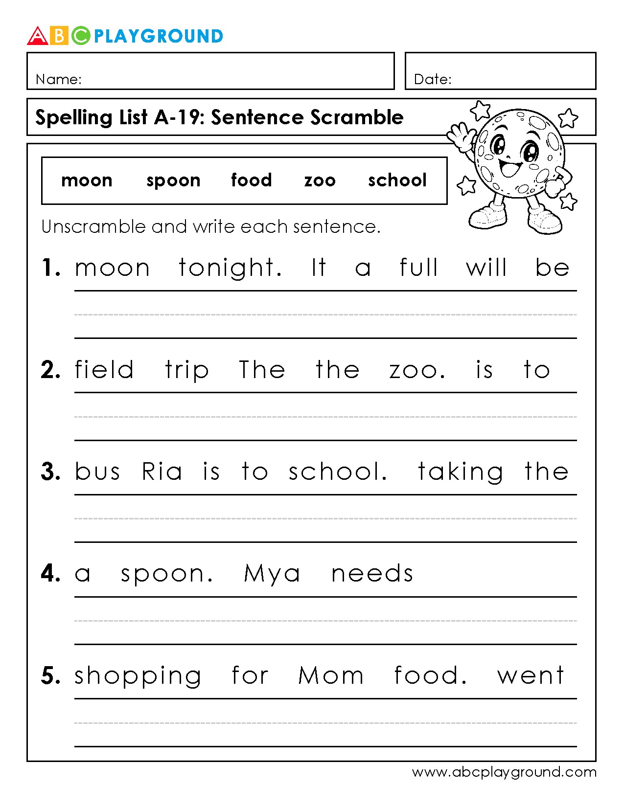 Sentence Scramble Practice with Common Spelling Words