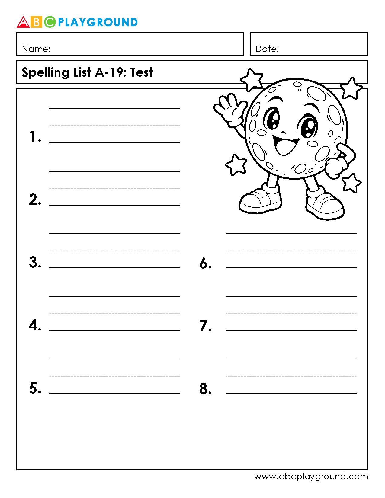 Printable Spelling Test Worksheet with Fun Moon Character