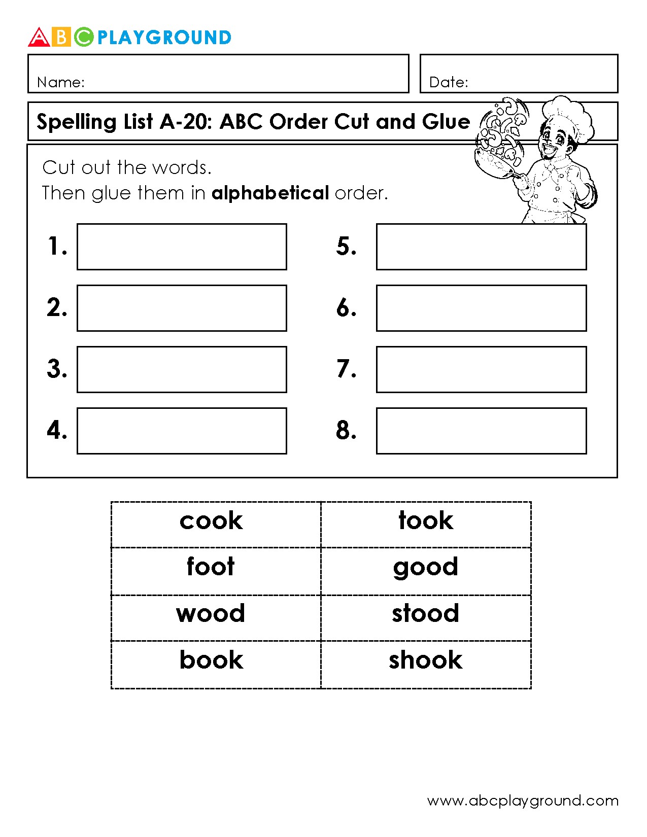 Alphabetical Order Cut and Glue Spelling Worksheet