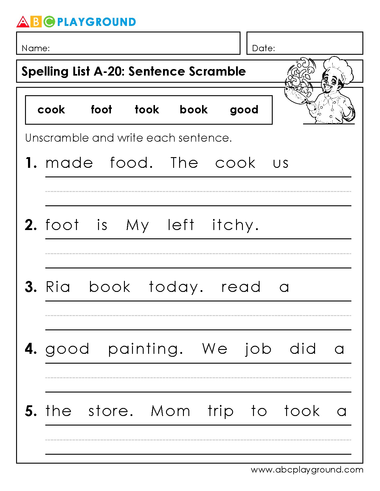 Spelling Sentence Scramble Worksheet with Answer Key