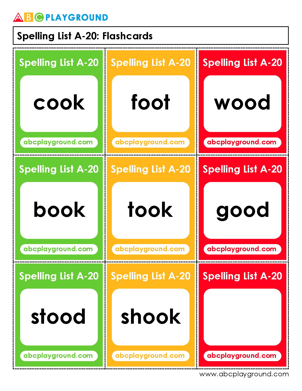 Spelling List A-20 Word Flashcards for Early Learners