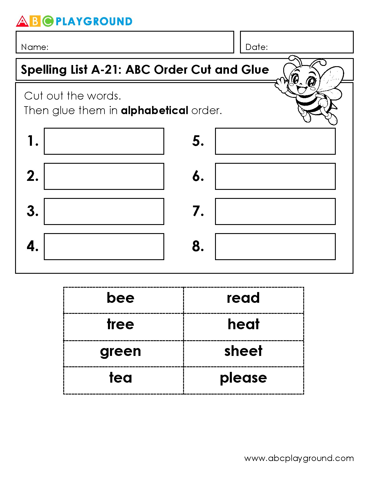 Alphabetical Order Cut and Glue Spelling Activity