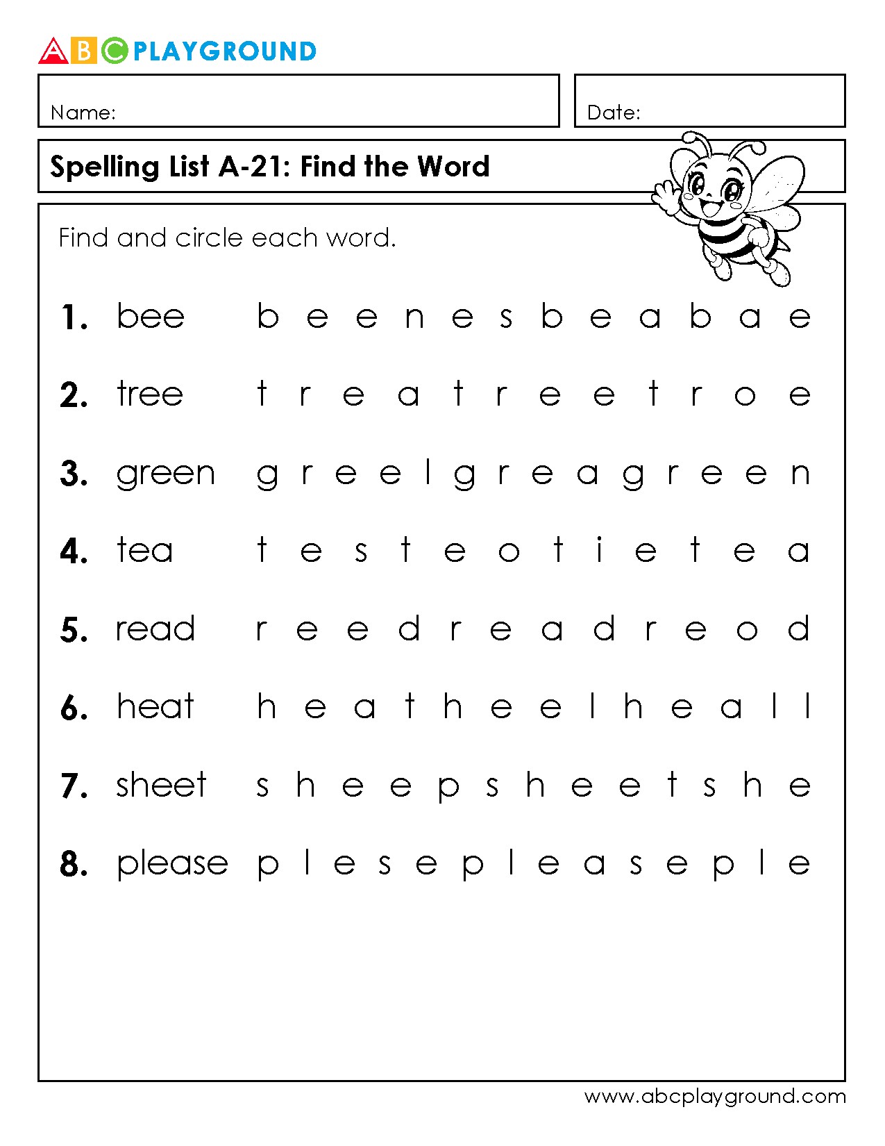 Find and Circle Words Spelling Worksheet