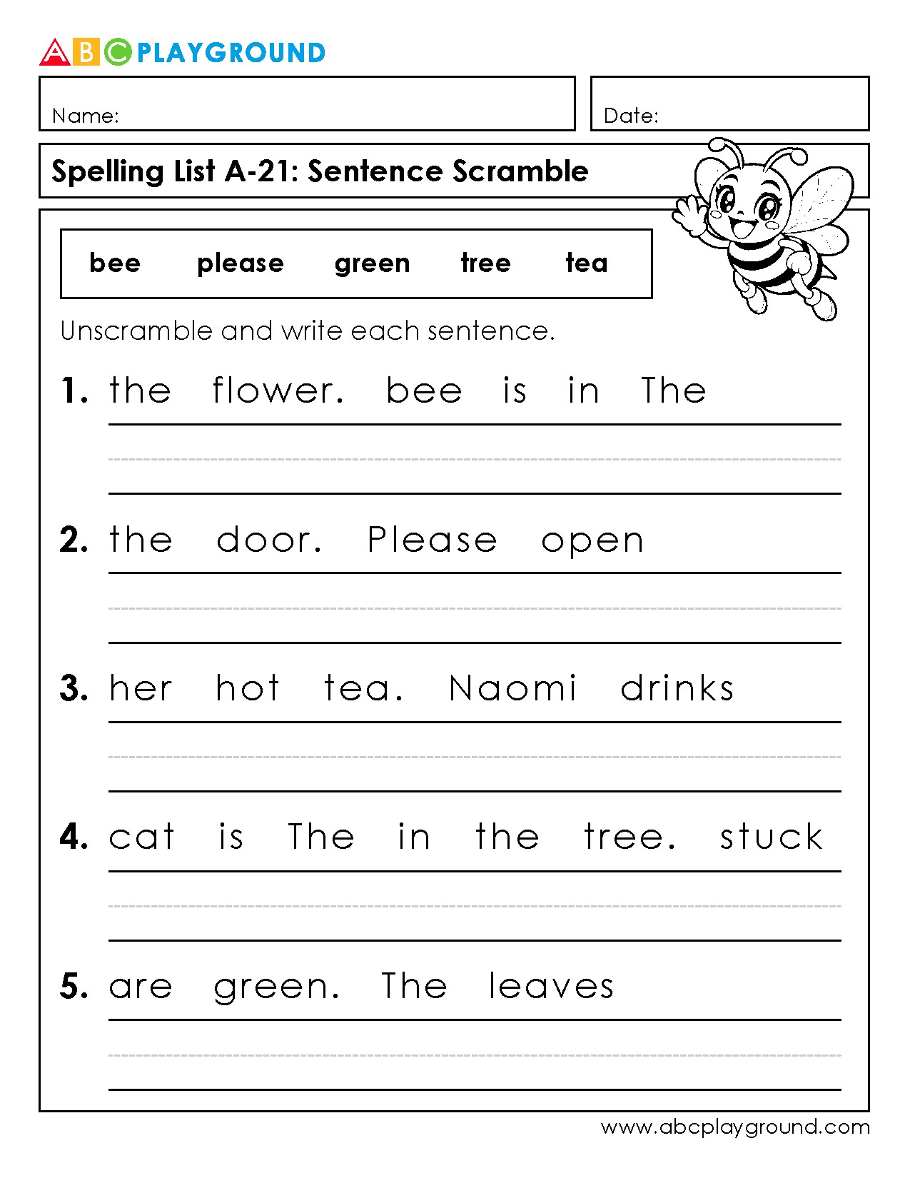Sentence Scramble Worksheet for Early Spelling Practice