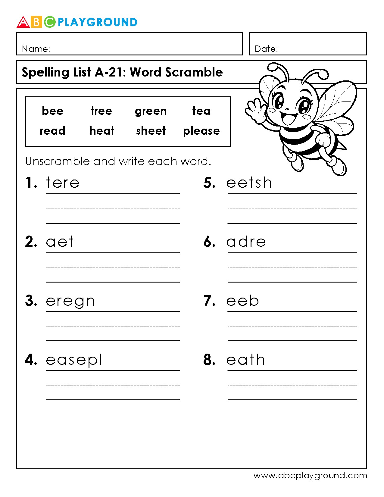 Word Scramble Spelling Practice Worksheet