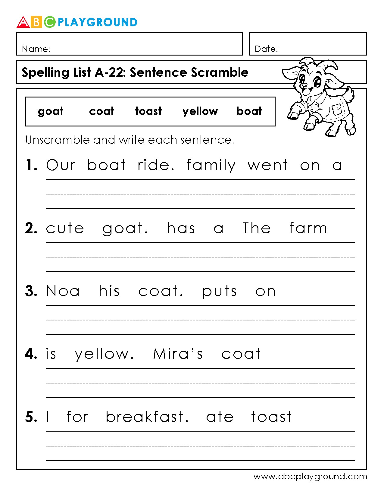 Sentence Scramble Worksheet for Spelling and Writing Practice