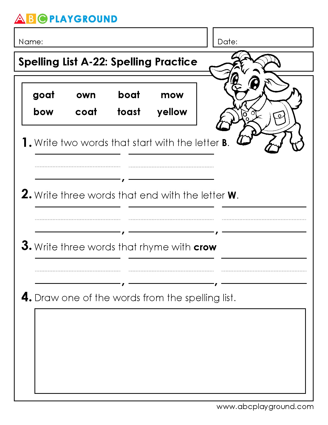 Spelling Practice with Words Ending in W and Rhymes with Crow
