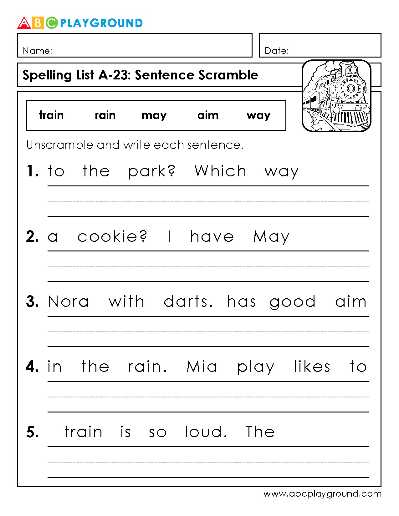 Sentence Scramble Worksheet for Spelling Practice
