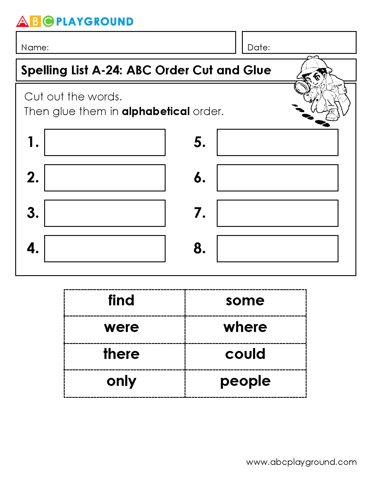 Cut and Glue Words in Alphabetical Order Worksheet