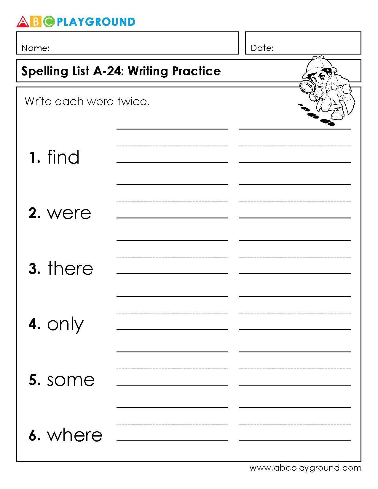 Spelling List Writing Practice Worksheet