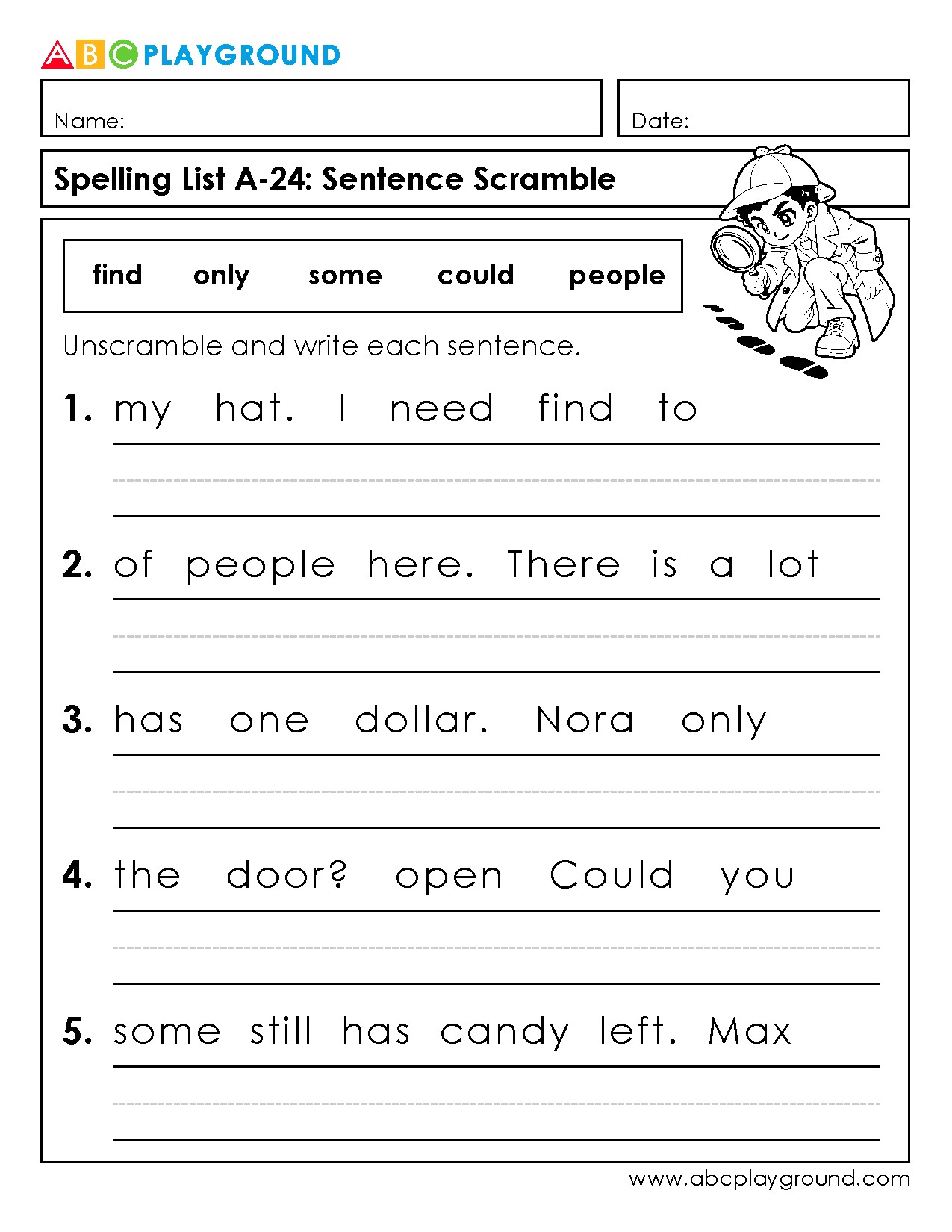 Sentence Scramble Worksheet for Spelling Practice