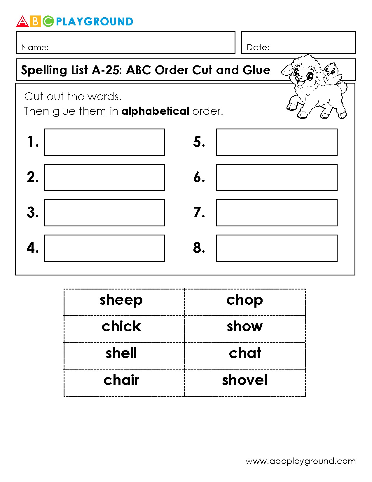 Alphabetical Order Cut and Glue Spelling Activity
