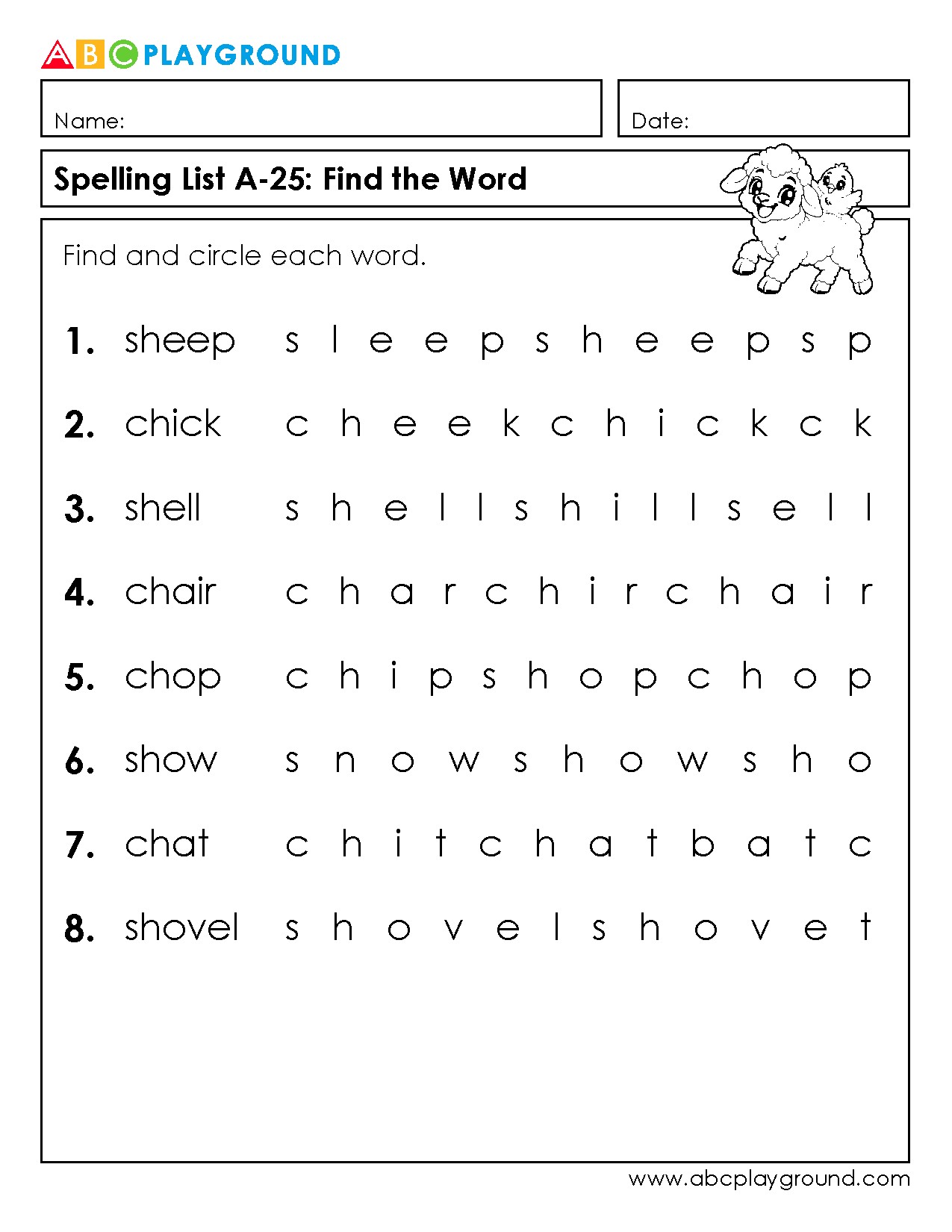 Word Search Spelling Practice: Find and Circle Each Word