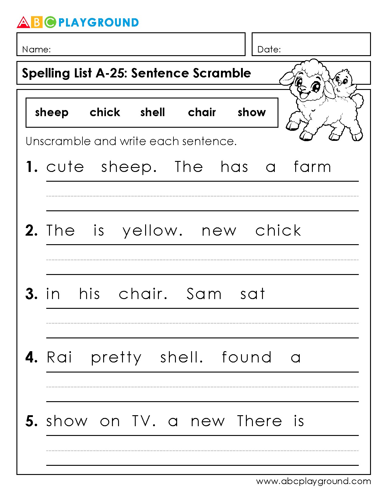 Sentence Scramble Spelling Practice with Key