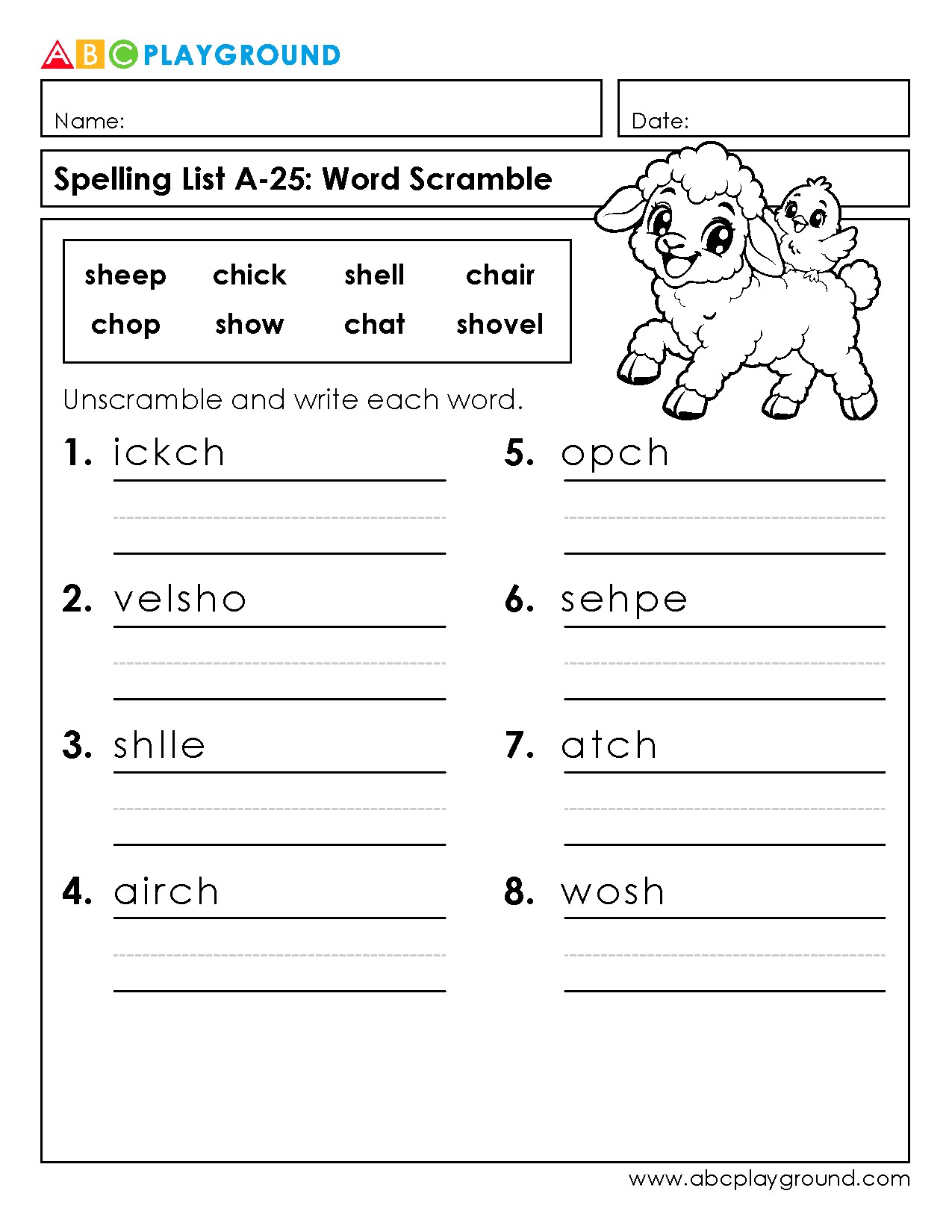 Spelling Word Scramble Worksheet with Answer Key