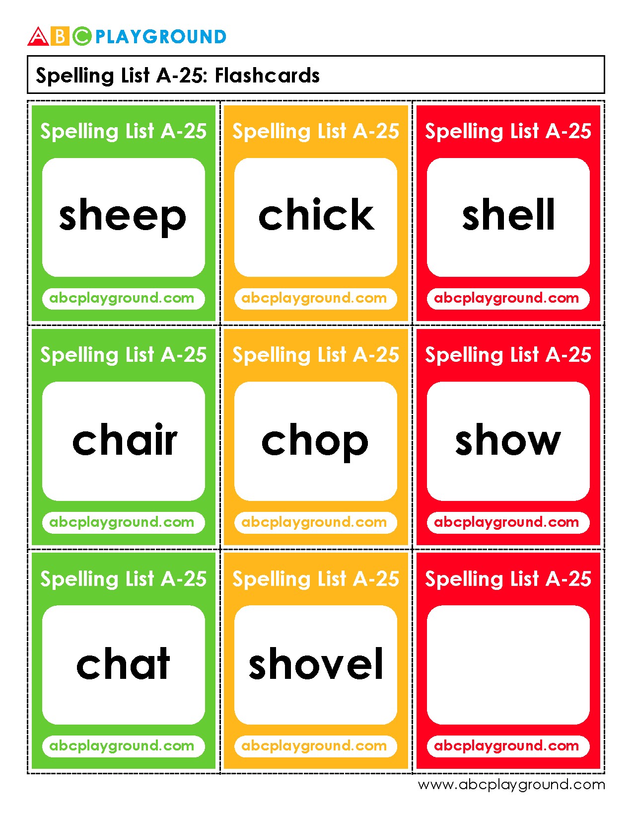 Spelling List A-25 Flashcards for Early Reading Practice