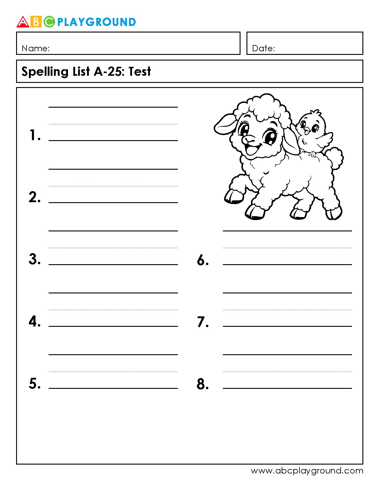Printable Spelling List Test Worksheet with Fun Illustrations