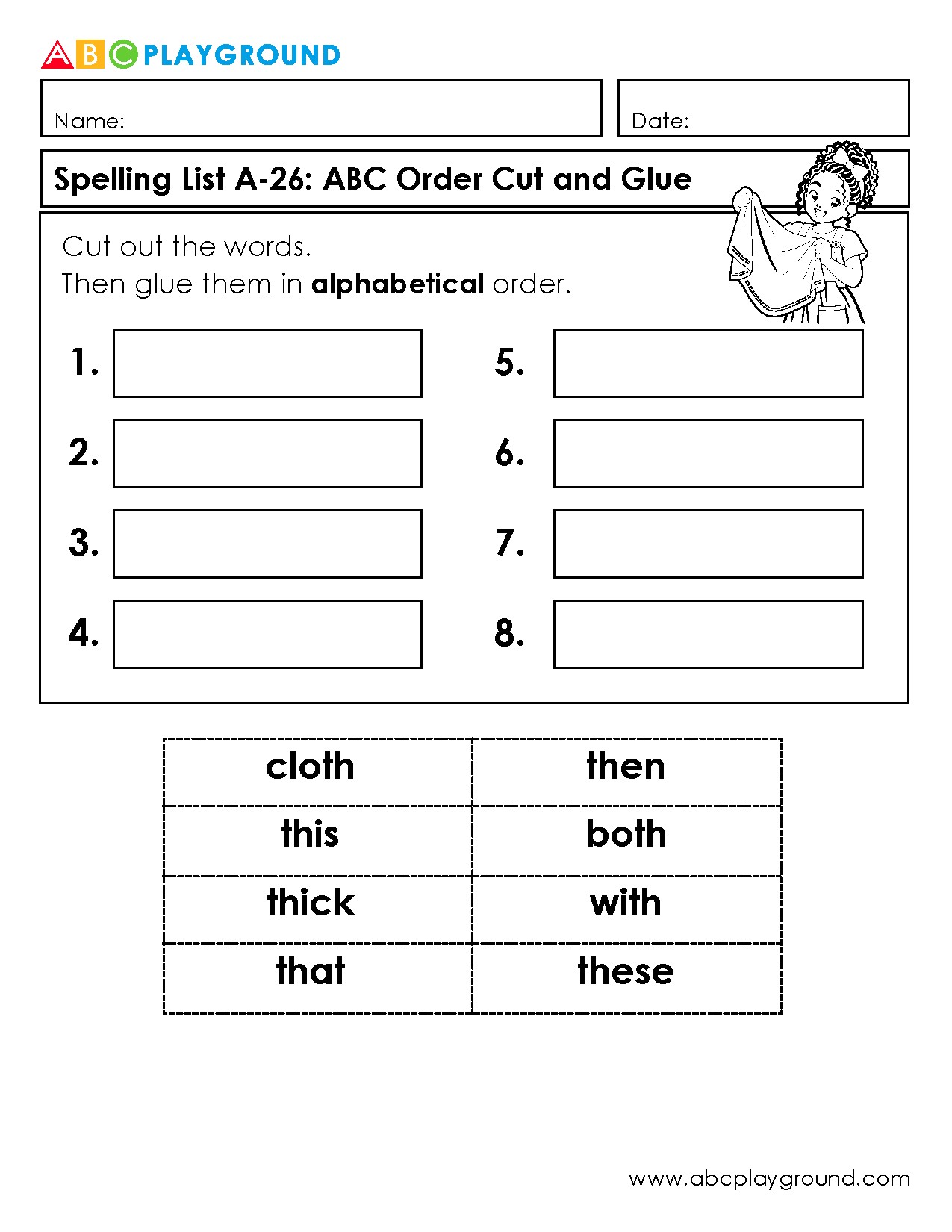 Alphabetical Order Cut and Glue Spelling Activity